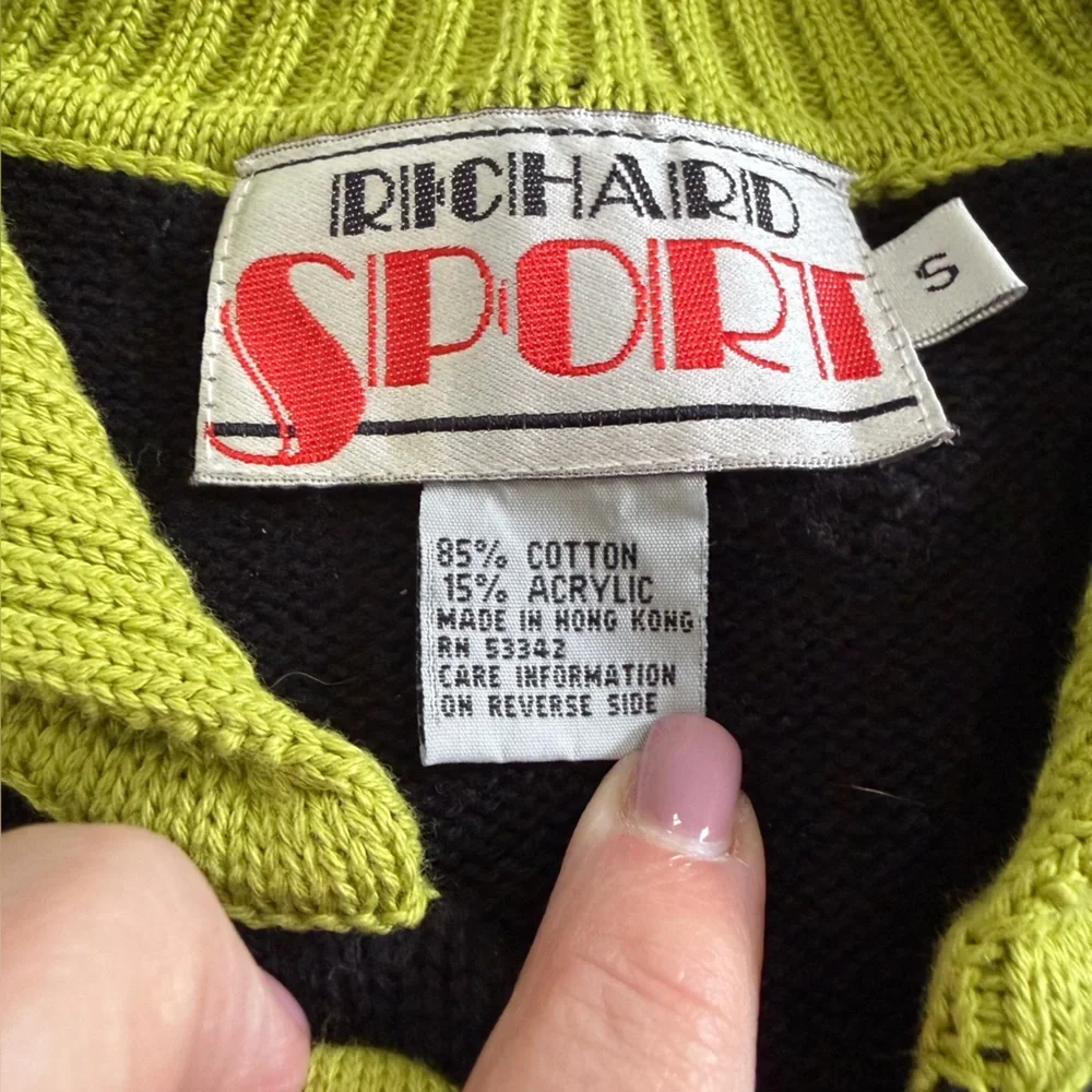 Richard Sport Vintage Black Green Vibrant Button Sweater Size Small